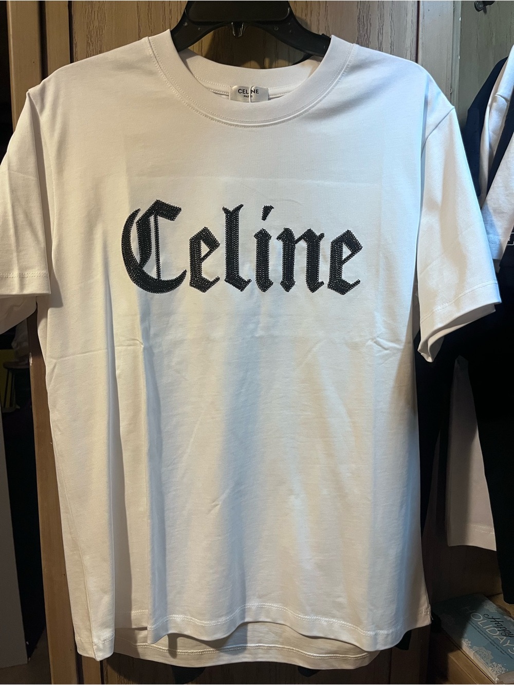 Celine White Tee with Black Gothic Logo Oversized Men Paris